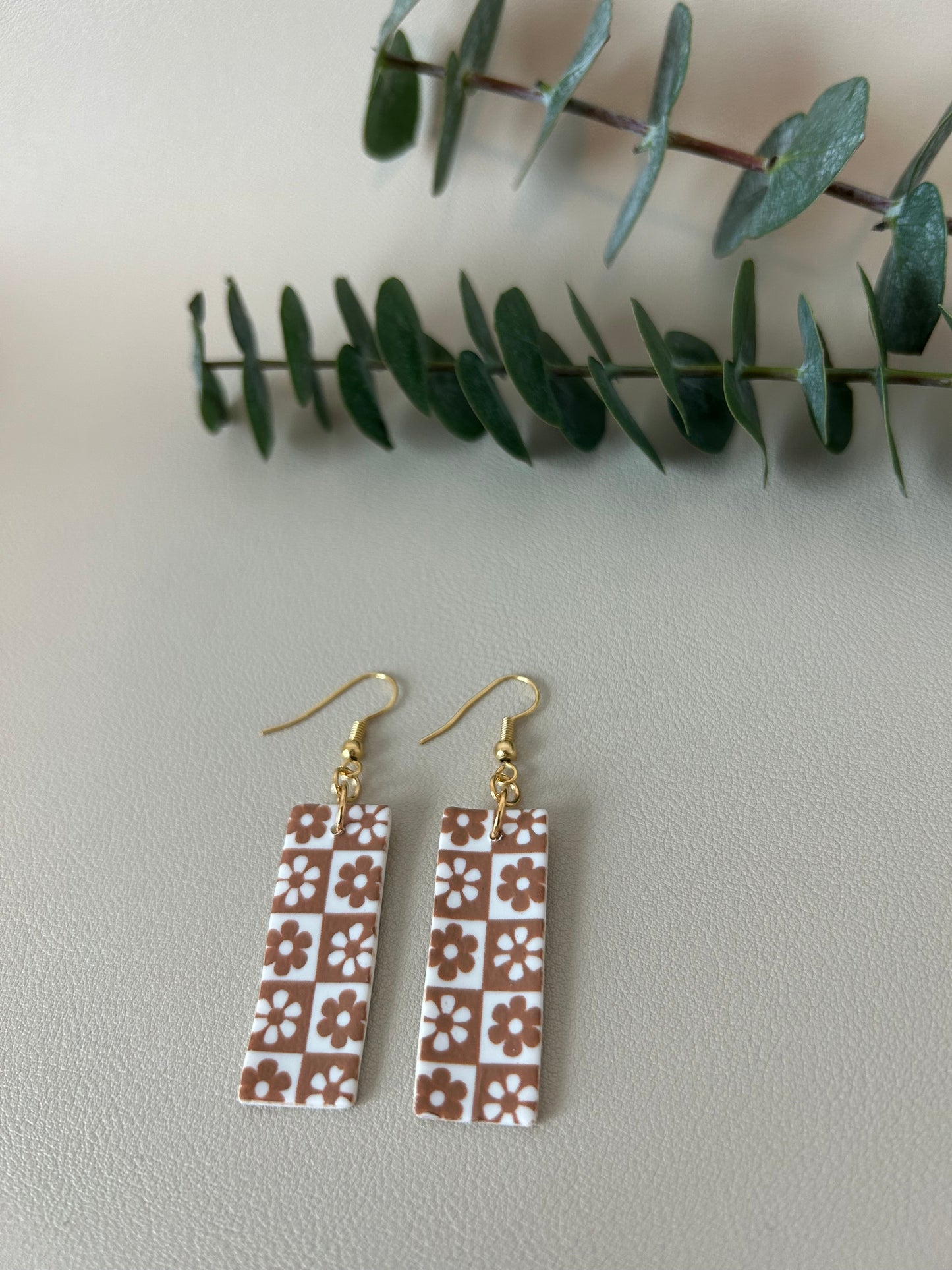 Checkerboard Flower Print Rectangles - Sienna Brown on White - LucyLola 