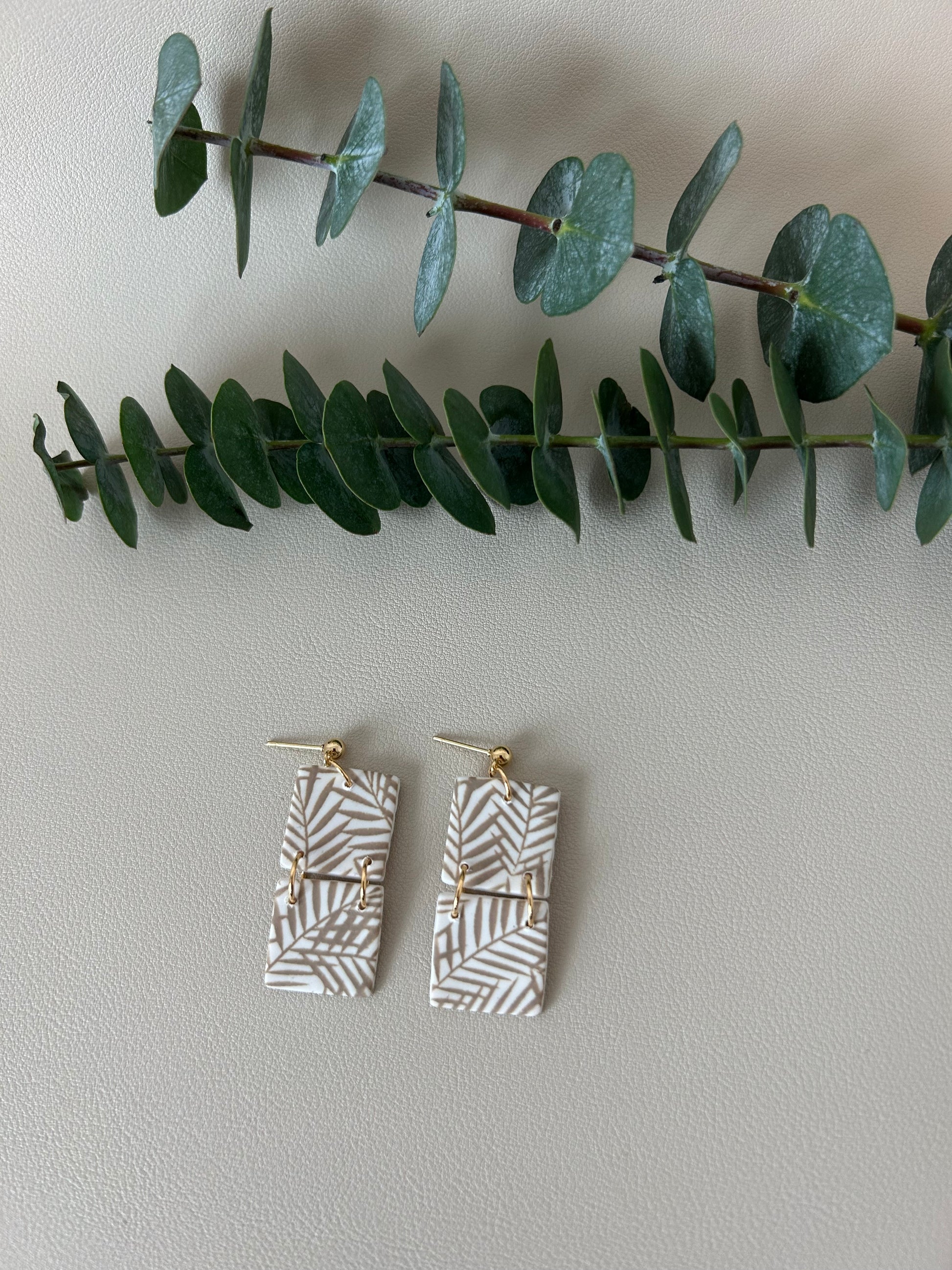 Palm Leaf Printed Double Squares - Ecru on White - LucyLola 